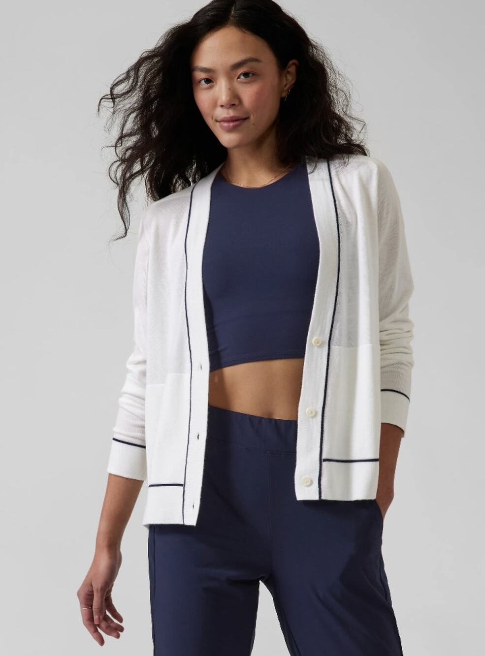 Athleta Lightweight Collegiate White Blue Stripe Boyfriend Cardigan Sweater XL